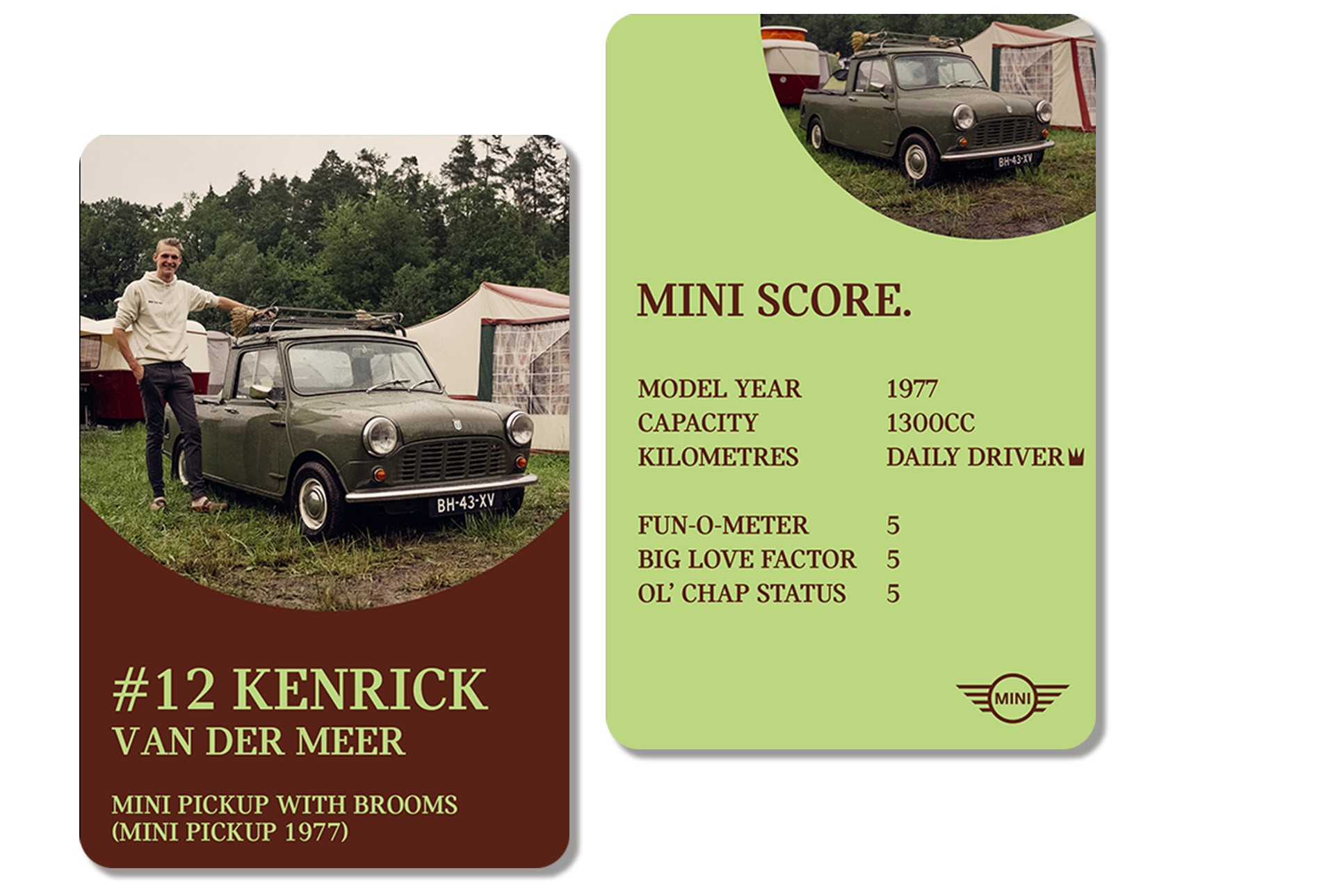 Front of playing card: Owner Kenrick Van Der Meer stands with a hand on his 1977 Mini Pickup, distinguishable by the wooden brooms on the roof. Back of card: MINI SCORE: MODEL YEAR: 1977 / CAPACITY: 1300cc / KILOMETRES: Daily driver / FUN-O-METER: 5 / BIG LOVE FACTOR: 5 / OL’ CHAP STATUS: 5